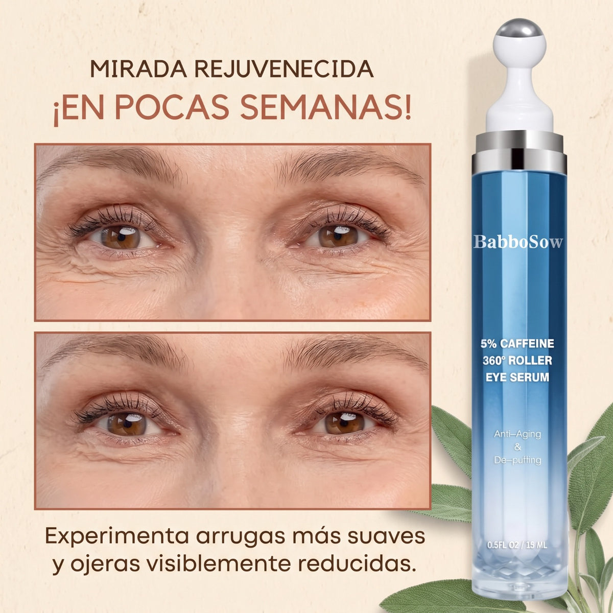 Contorno de ojos antes y después junto al roller de ojos con cafeína 5%