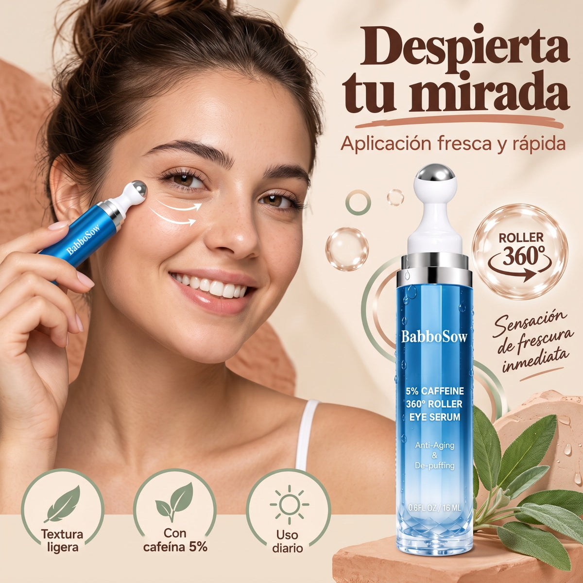 Mujer aplicando el roller de ojos con cafeína 5% bajo el ojo